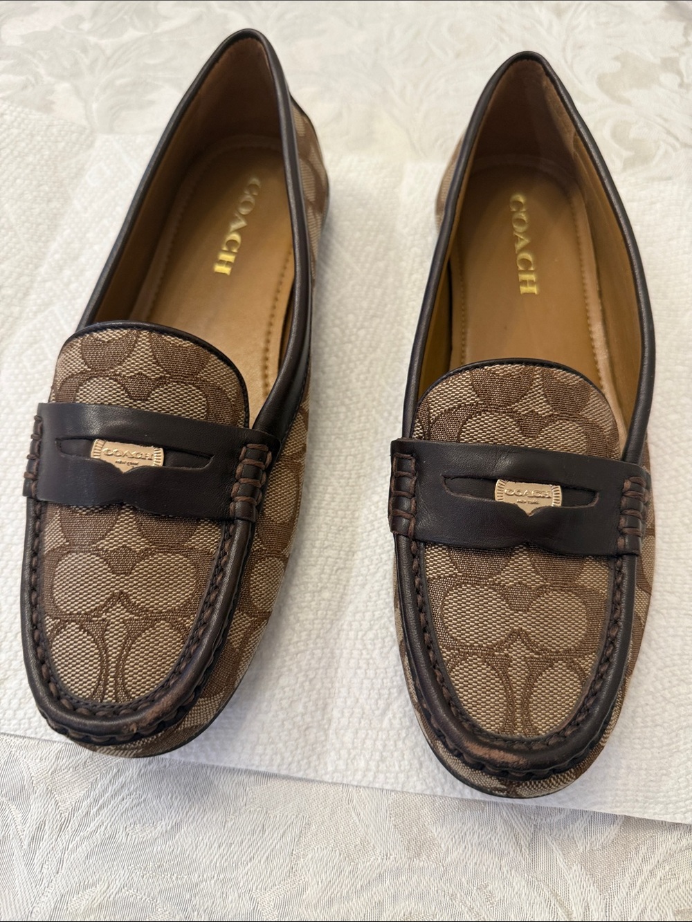 Coach Brown Signature Canvas Penny Loafers with Dark Brown Trim
